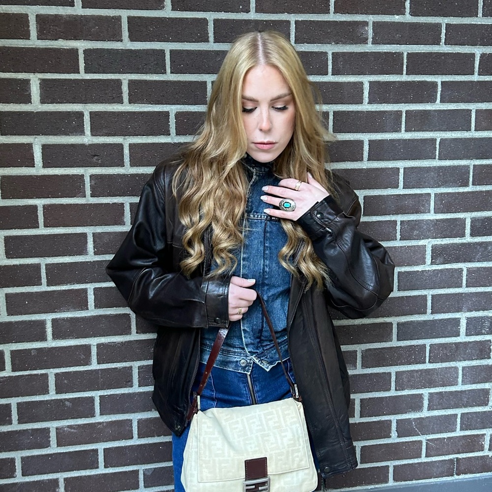 London Fog Brown Oversized Leather Bomber Jacket